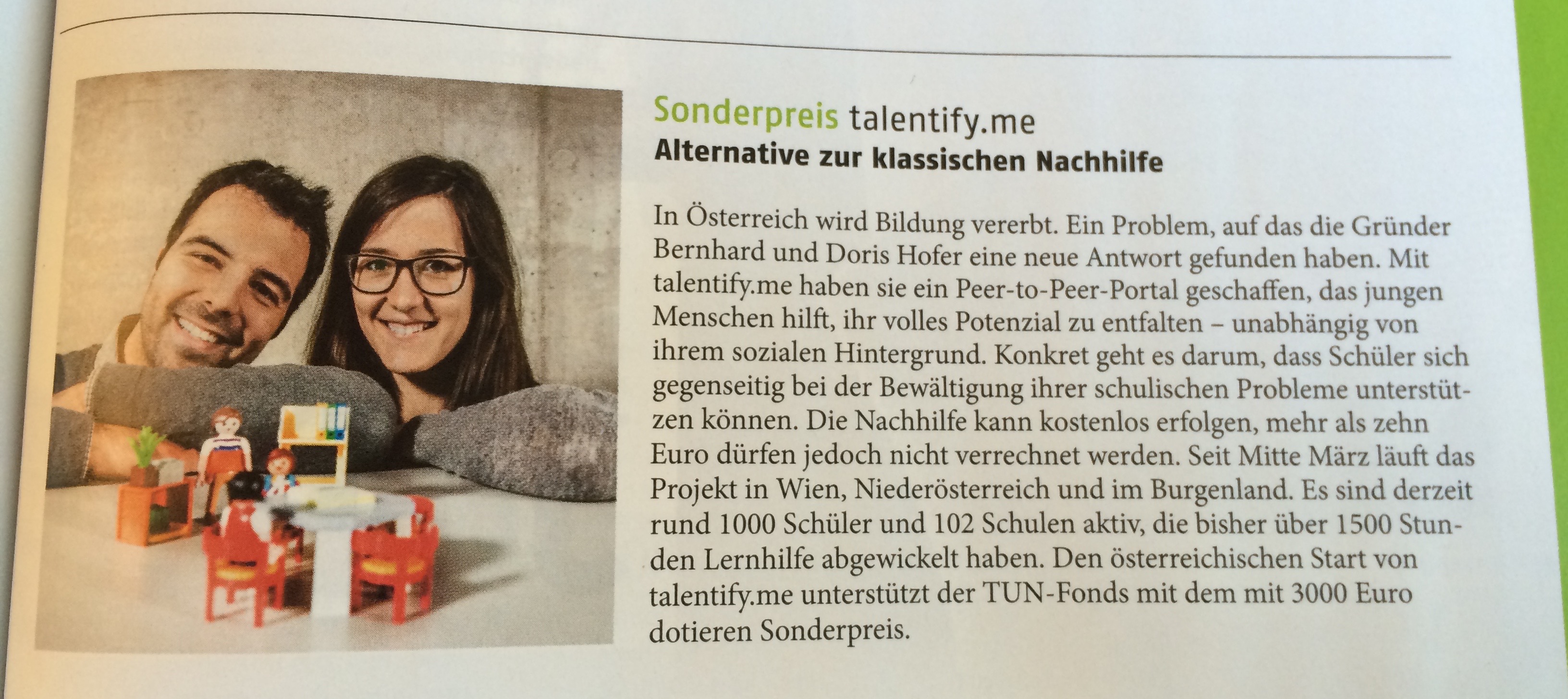 Trend: “Ausgezeichnete Weltverbesserer: Sonderpreis talentify.me. Alternative zur klassischen Nachhilfe”, Beitrag zum TUN-Fonds, S. 85